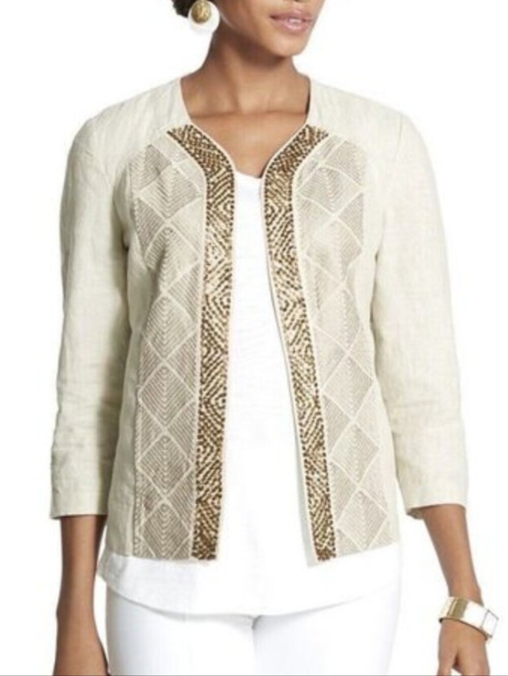 NWT Chico's Astonishing Artisan Flax Linen 3/4 Sleeve Cropped Jacket Sz 1 $149